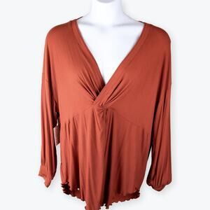 Free People Burnt Orange V-neck Lettuce Edge Knit Top L NWT
